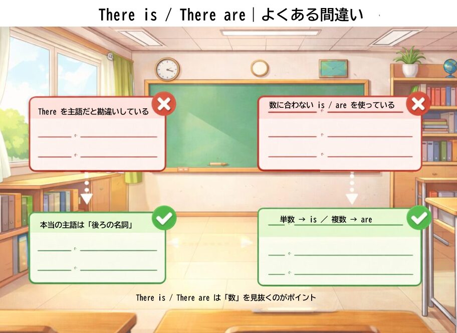 There is / There are のよくある間違い例を図解。主語の誤認や単数・複数の使い分けミスを強調