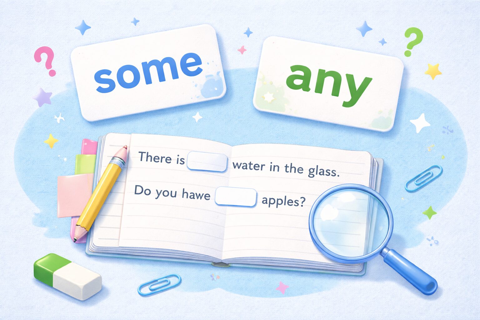 中学英語のsomeとanyの使い分け練習問題をノートに書いて定期テスト対策をしている様子