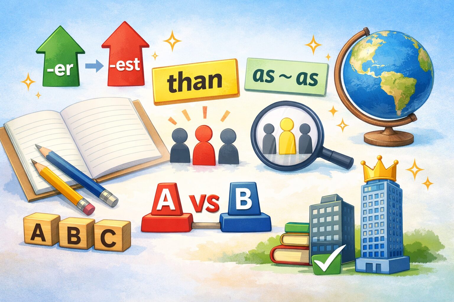 中学英語の比較級・最上級の使い分けを（than、as asなど）練習問題で練習しているイメージ