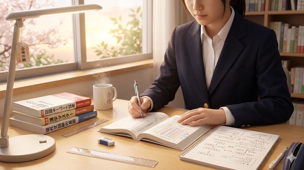 制服を着た高校生が、現代文の参考書とノートを広げて集中して勉強している様子。ノートには論理構造の図解が書き込まれ、傍らには「現代文読解の基礎」などの本が積み重なっている。窓からは桜が見え、合格を目指す前向きな努力を象徴する学習風景。