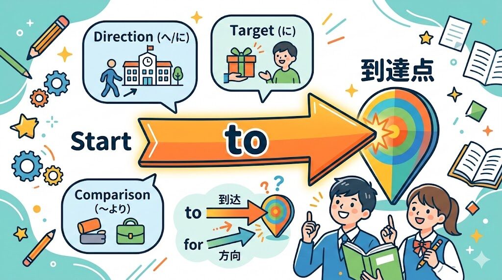 前置詞toのコアイメージ図解：目的地への到達を示す大きな矢印と、toとforの使い分け（到達・方向）を学ぶ中学生のイラスト