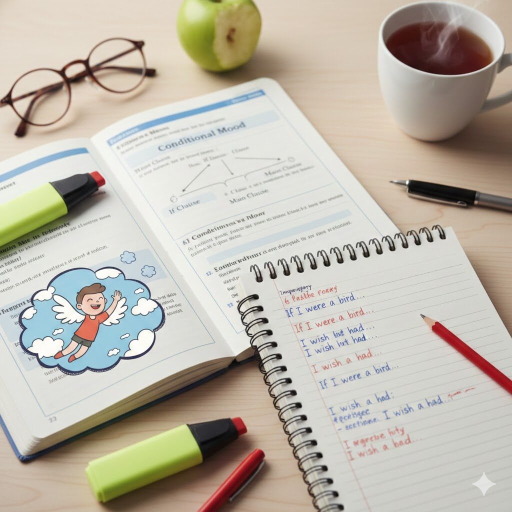 机の上に開かれた英語の参考書とノート。ノートには『If I were a bird...』や『I wish I had...』といった仮定法の例文が手書きされており、参考書の余白には空を飛ぶ男の子の空想（吹き出し）が描かれている、中学生の学習をイメージしたアイキャッチ画像。