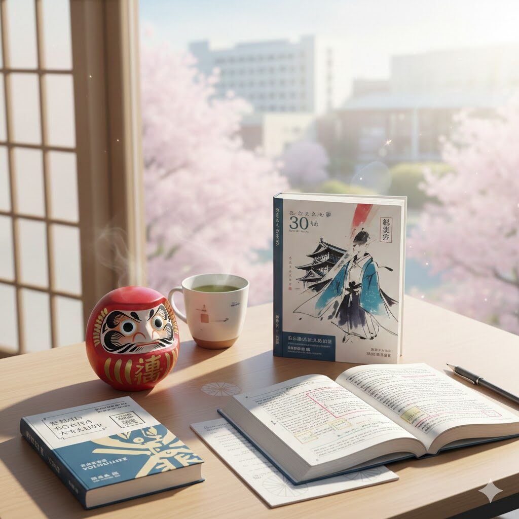 窓から満開の桜が見える学習机の上に、大学受験向けの古文の参考書やノート、だるまが置かれた、合格をイメージさせる明るい風景