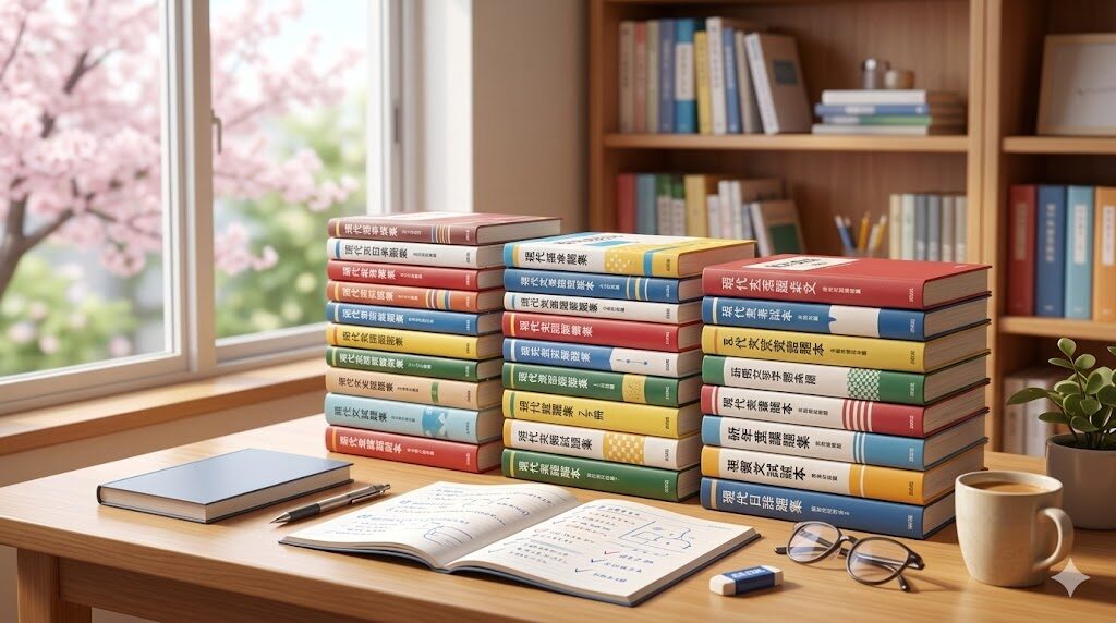 窓から桜が見える明るい学習机の上に、現代文の参考書や問題集が18冊積み上げられ、手前には書き込みのあるノートと眼鏡、万年筆が置かれた、志望校合格を目指す受験生の勉強風景