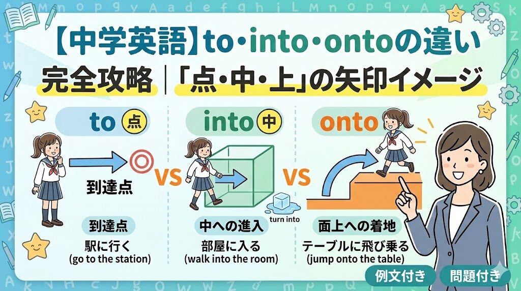【中学英語】前置詞to・into・ontoの違いを解説した図解イラスト。目的地への到達（to）、箱の中への進入（into）、面上への着地（onto）を矢印とキャラクターで比較。例文として「駅に行く」「部屋に入る」「テーブルに飛び乗る」の使い分けを視覚化したインフォグラフィック。