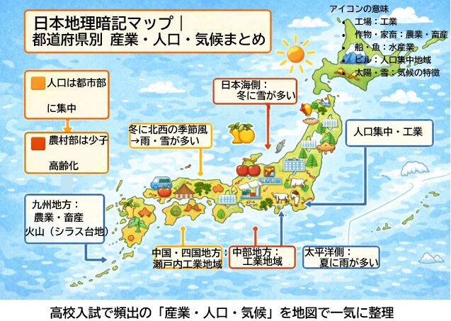 日本地理暗記マップ。都道府県別の主要産業、人口分布、気候の特徴をアイコンで整理した高校入試向け図解
