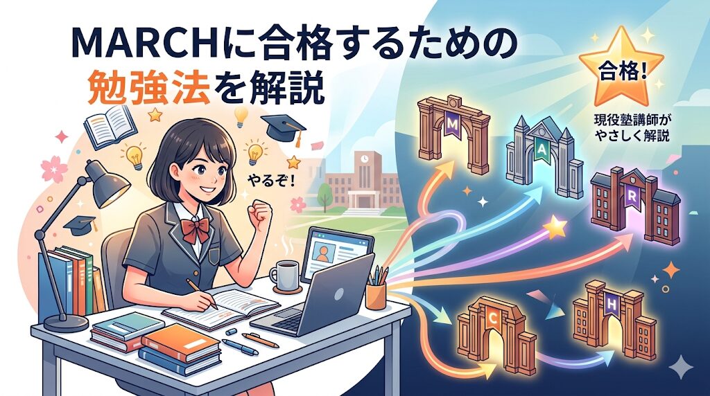 「MARCHに合格するための勉強法を解説」というタイトルが入った、高校生向けの学習支援アイキャッチ画像。 左側には、夜の静かな部屋でノートを広げ、やる気に満ちた表情でガッツポーズをする制服姿の高校生女子が描かれている。彼女のデスクからは5色の光り輝く矢印が伸びており、右側に配置された「M・A・R・C・H」それぞれの頭文字が掲げられた伝統的な大学校舎のイラストへと繋がっている。右上には「合格！」と書かれた輝く星と、現役塾講師の解説を象徴するアイコンが配置され、正しい勉強法が合格への道筋であることを視覚的に表現している。
