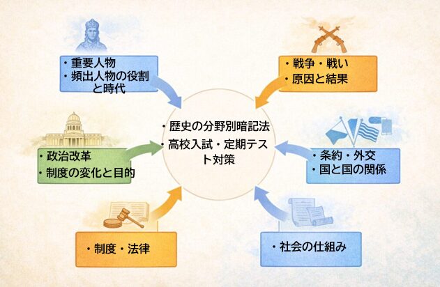 高校入試社会の歴史を、人物・政治改革・戦争・条約・制度の分野別に整理した暗記法イメージ