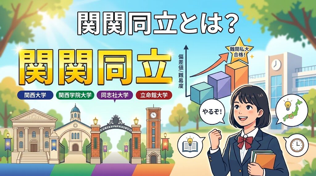 「関関同立とは？」というタイトルが入った、高校生向けの大学受験対策アイキャッチ画像。 中央には、関西大学、関西学院大学、同志社大学、立命館大学を象徴する壮麗な大学校舎やゲートのイラストが並び、上部には黄色い文字で「関関同立」と大きく掲げられている。大学の右側には「偏差値/難易度」を示す上昇するグラフと、その先にある「難関私大合格！」と書かれた輝く星が配置されている。右下には、参考書を抱えてガッツポーズをし「やるぞ！」と意気込む制服姿の高校生女子が描かれ、志望校合格への意欲を視覚的に表現している。背景には桜や木々、時計塔があり、キャンパスの活気をイメージさせている。