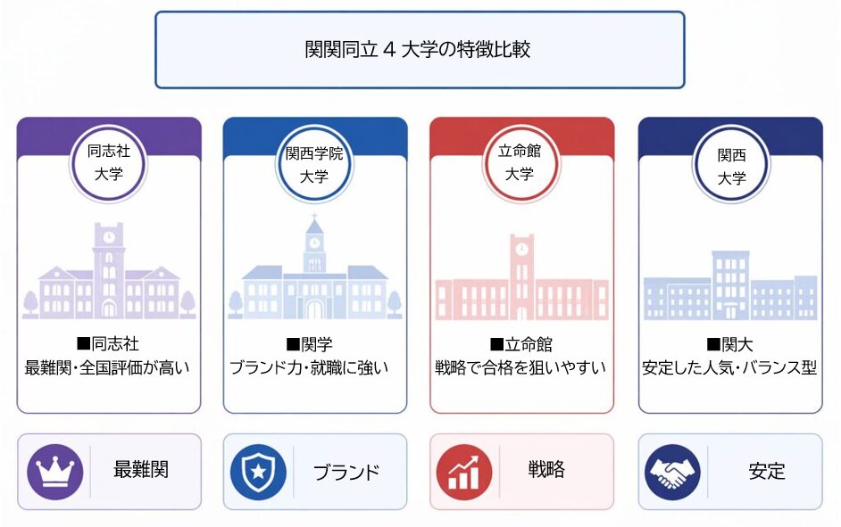 関関同立4大学の特徴比較図(同志社・関学・立命館・関大の違い)