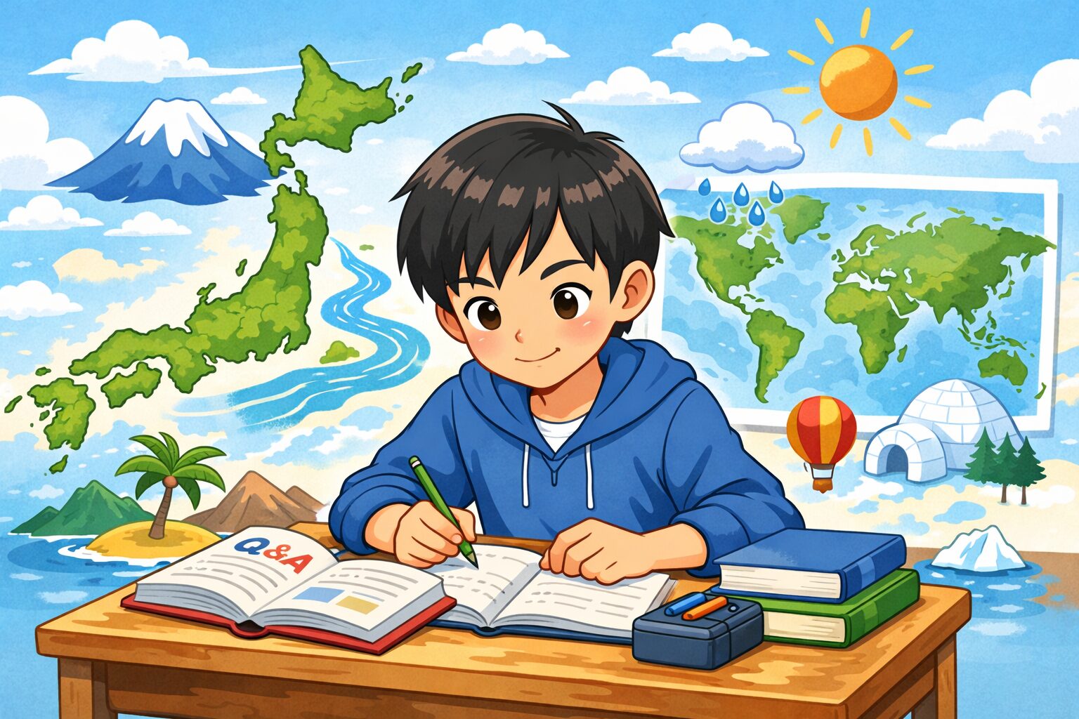 中学生が机で高校入試地理の一問一答を勉強しているイラスト