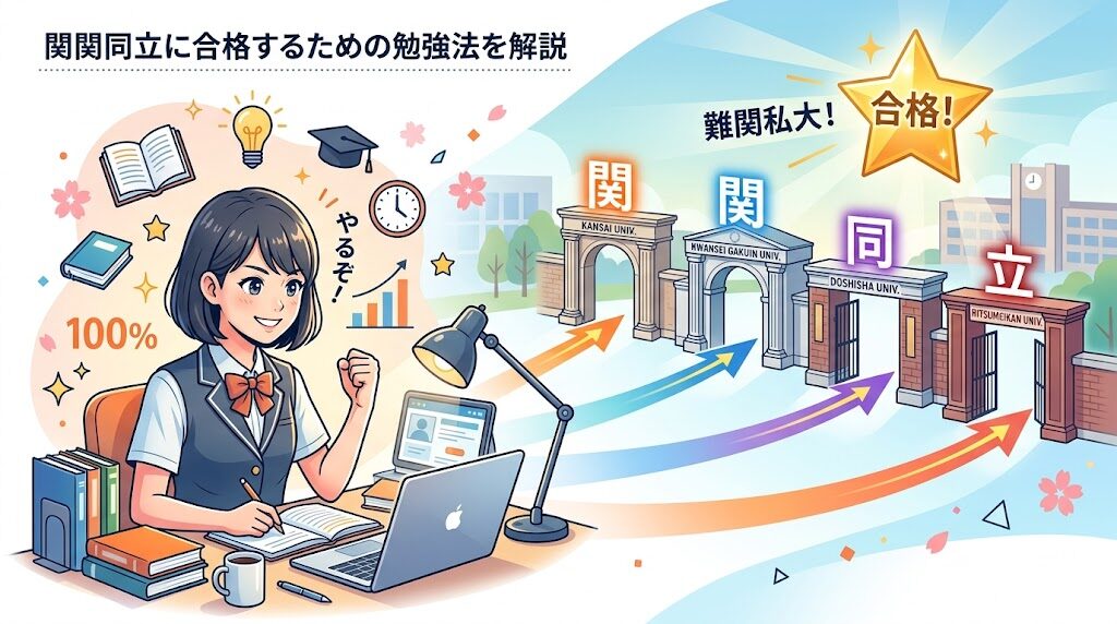 「関関同立に合格するための勉強法を解説」というテキストが入った、高校生向けの学習対策アイキャッチ画像。 左側には、ノートとノートパソコンを広げ、やる気に満ちた表情でガッツポーズをする制服姿の高校生女子が描かれている。彼女のデスクからは、オレンジ、青、紫、赤の4色の矢印が右方向へ伸びており、それぞれ「関」「関」「同」「立」と一文字ずつ掲げられた壮麗な大学校舎やアーチへと繋がっている。右上には「難関私大！合格！」と書かれた輝く黄金の星が配置され、日々の勉強が関関同立合格という成果に直結することを視覚的に表現している。背景には桜の花びらや上昇グラフが描かれ、明るい未来と学力の向上をイメージさせている。