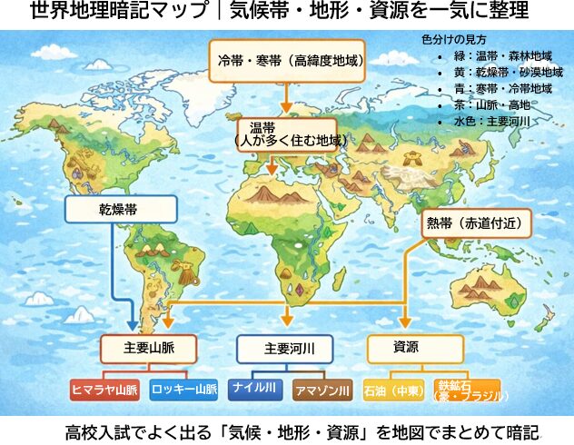 世界地理暗記マップ。気候帯、主要河川、山脈、資源を色分けして整理した高校入試向け地理図解