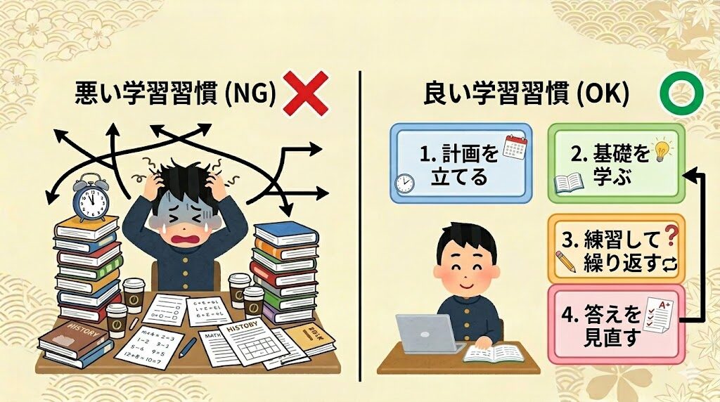 古文のダメな勉強法と正しい勉強法の比較（いきなり問題を解く方法と順序立てた学習の違い）