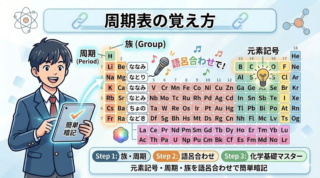 高校生がタブレットを使いながら周期表の覚え方を学習しているアイキャッチ画像。元素記号、周期、族の基本構造とともに、「語呂合わせで簡単暗記」というメッセージと、暗記のための3ステップ（族・周期の理解、語呂合わせの活用、化学基礎のマスター）が視覚的にまとめられている。