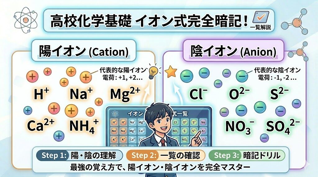 高校化学基礎のイオン式を暗記するためのアイキャッチ画像。陽イオン（Cation）と陰イオン（Anion）が左右で分かりやすく色分けされており、中央には暗記をサポートするキャラクターと「完全暗記」「イオン式一覧」という文字が配置されている。背景には代表的なイオン式（H+, Cl-, SO4^2-など）が散りばめられた、高校生向けの親しみやすいデザイン。