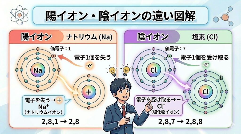 陽イオンと陰イオンの違いを電子の移動で解説した図