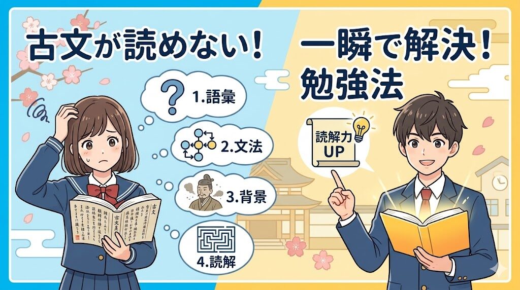 古文が読めない女子中学生と、解決法を見つけて喜ぶ男子中学生の比較イラスト。語彙・文法・背景・読解という4つの課題と、解決に向けた勉強法を表現したアイキャッチ画像。