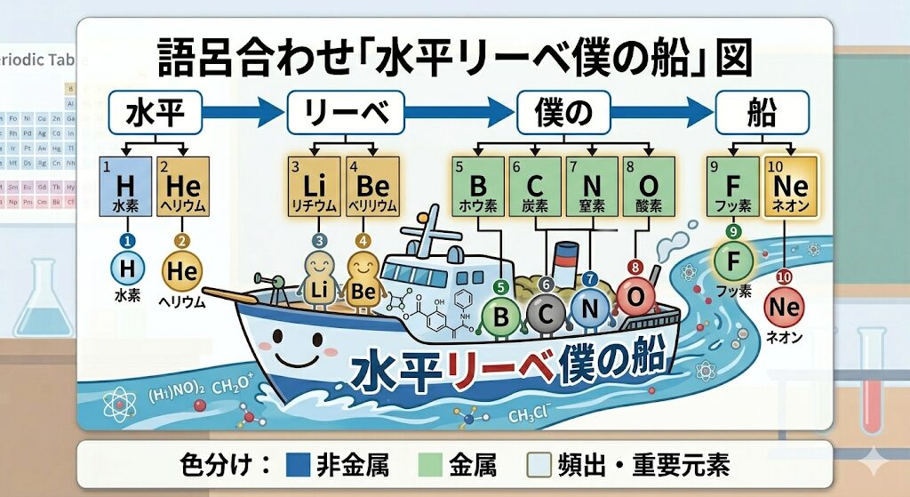水平リーベ僕の船を使った1〜10番元素の語呂合わせ図解