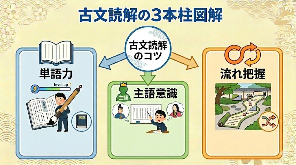 古文読解のコツは単語力・主語意識・流れ把握の3つで構成される図解