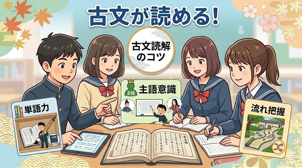 教室で中学生の男女4人が楽しそうに古文を勉強しているイラスト。机の上には開かれた古文の参考書があり、単語力・主語意識・流れ把握という3つの読解ポイントが図解カードとして示されている。明るく前向きな学習風景のアイキャッチ画像。