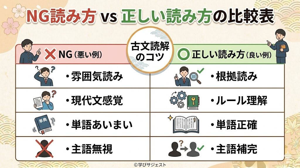 古文読解のNGな読み方と正しい読み方の比較表