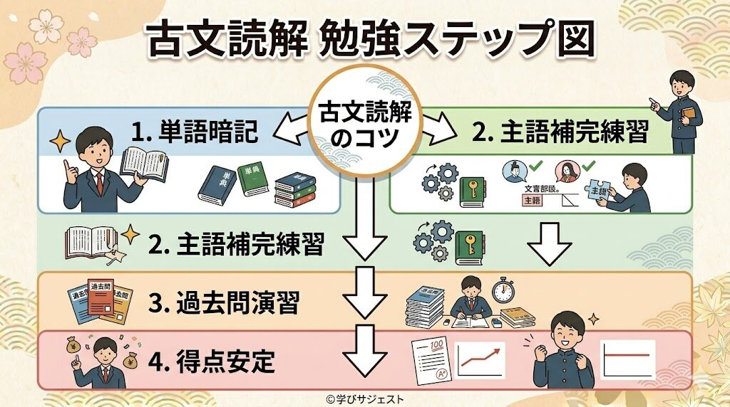 古文読解の勉強法ステップ 単語から過去問までの流れ図解