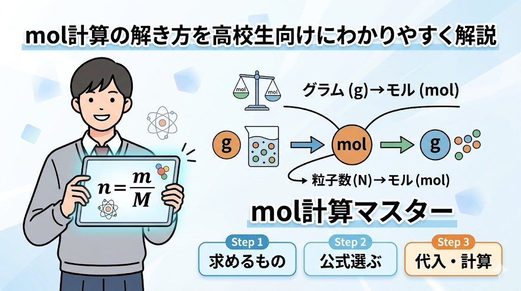 高校生がタブレットで化学式を確認しながら、質量（g）や粒子数からモル（mol）への変換フローを学習している様子を描いたアイキャッチ画像。