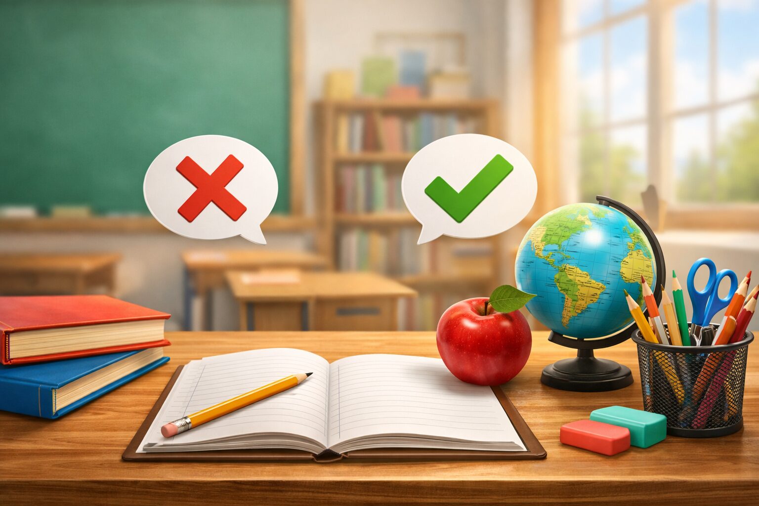 中学校で英語の肯定文・否定文の違いをノートに書いて勉強するイメージ