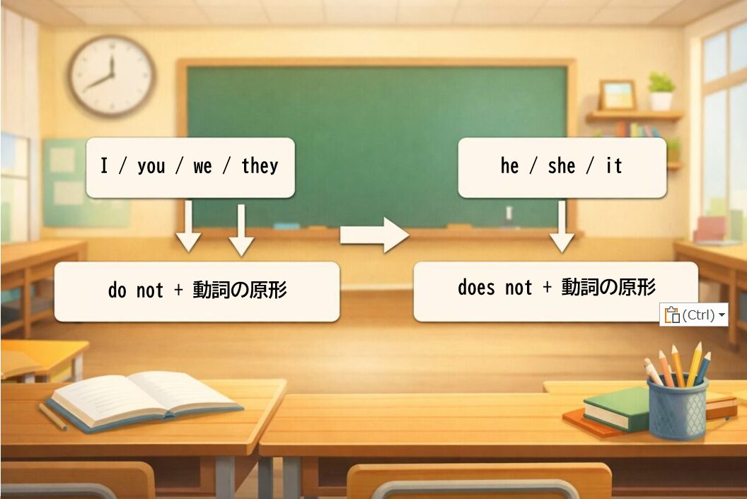 中学英語一般動詞の否定文まとめ図。I / you / we / they は do not、he / she / it は does not と動詞の原形を使う例を矢印で示した図解
